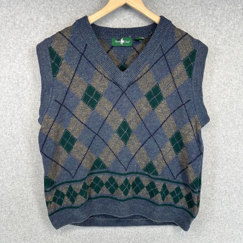 Vintage Hunt Club Sweater Vest Mens Size Medium Blue Argyle Diamond V-Neck Knit